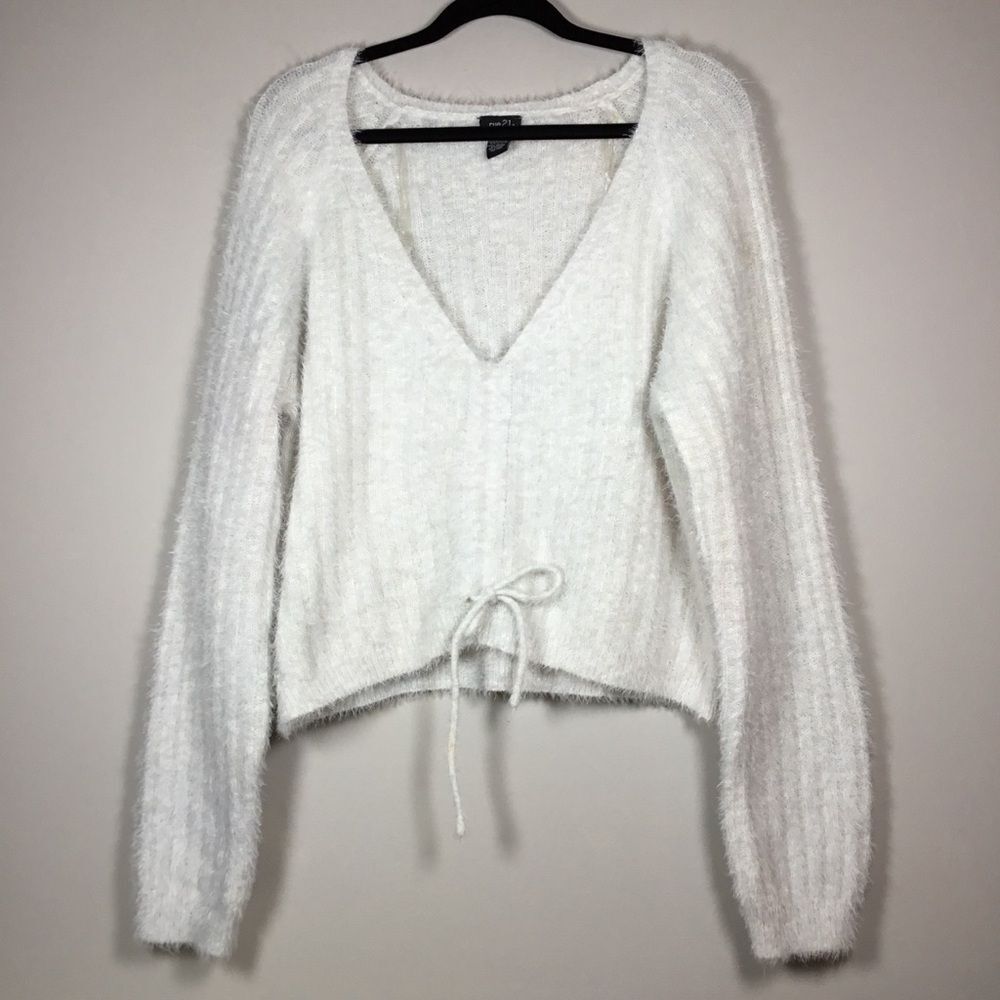 Fluffy white sweater drawstring front vee neck cozy ribbed winter fall size L